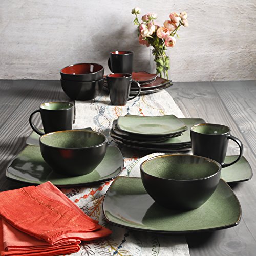 Gibson Elite Soho Lounge Square 16-Piece Dinnerware Set, Service for 4, Reactive Glaze Stoneware Plates and Bowls, Modern Dishes, Microwave & Dishwasher Safe – Red and Black