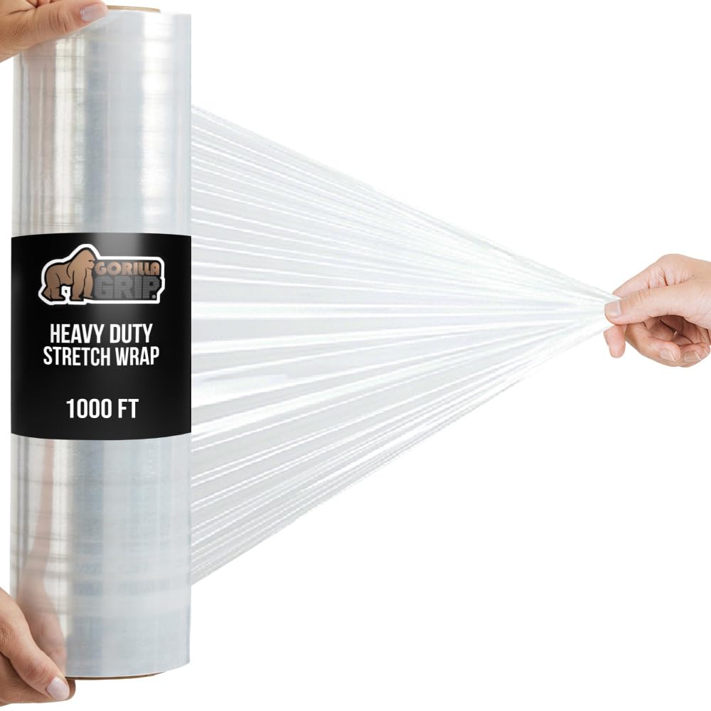 GORILLA GRIP 500% Stretch Film Heavy Duty Plastic, 1000ft Shrink Wrap Roll 17" Puncture Resistant, Industrial Strength for Shipping, Pallet Storing, Moving, Packing Furniture Protection 1 Pack Clear