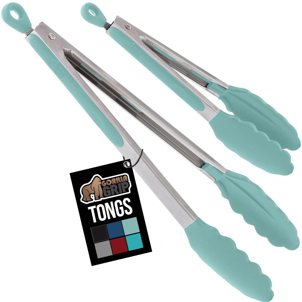 GORILLA GRIP Stainless Steel Heat Resistant Kitchen Tongs for Cooking, Set of 2 BBQ Tong, Non Scratch Silicone Tip for Pans, Strong Grip, Grab Food, Toss Salad, Air Fryer, Pull Lock, 7 + 9 Inch, Black