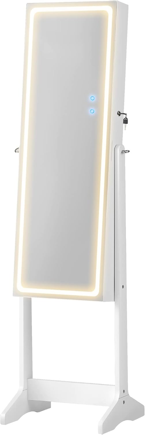 SONGMICS LED Mirror Jewelry Cabinet, Adjustable Brightness and 3 Shades of Light, Standing Jewelry Armoire with Full-Length Mirror, Jewelry Organizer with Built-in Mirror and Lights, White UJJC016W01