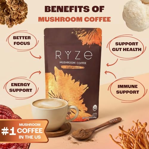 RYZE SUPERFOODS Mushroom Medium Roast Coffee USDA Organic with 6 Adaptogenic Mushrooms, USA Grown Instant Coffee for Better Energy, Focus Digestion Immunity with Lions Mane & Turkey Tail 30 Servings