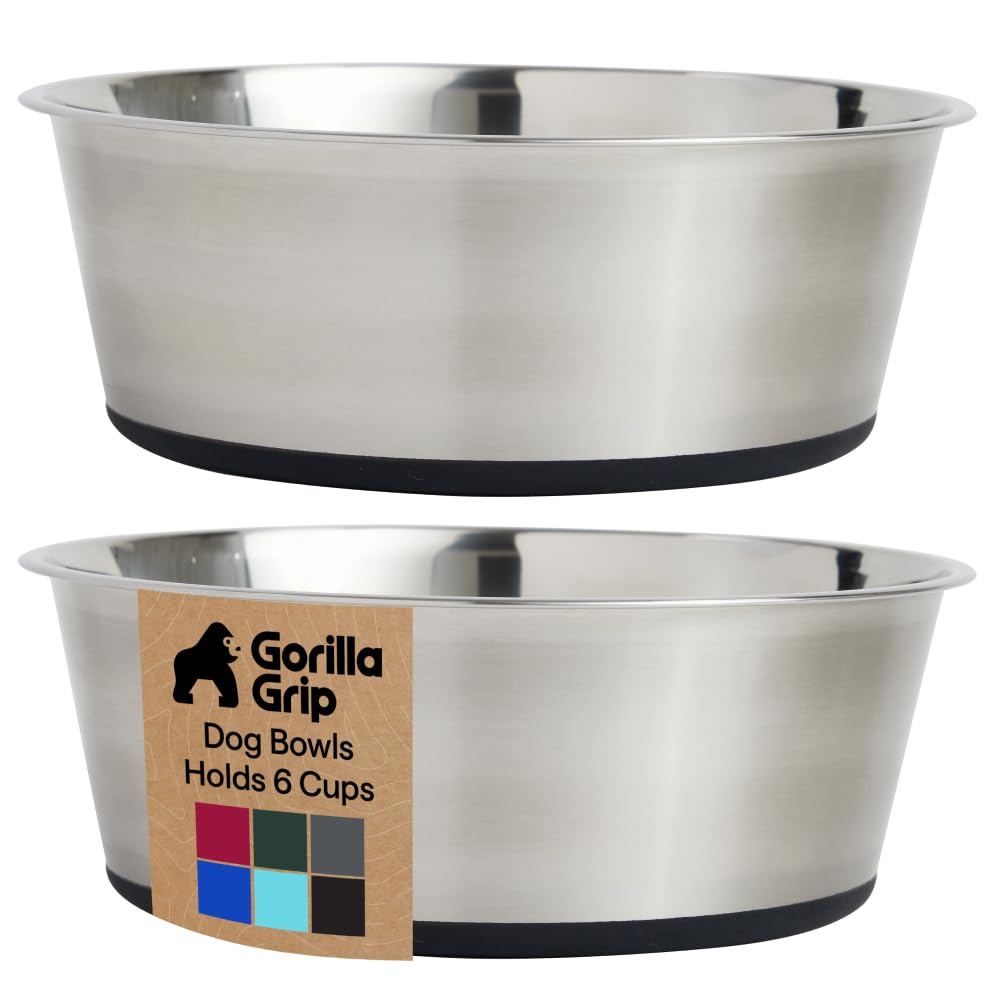 GORILLA GRIP Dog Bowls, Heavy Duty 304 Stainless Steel, Holds 2 Cups Each (16 fl oz) Food and Water Bowl for Feeding Dogs and Cats, Dishwasher Safe, Rust Resistant, BPA Free Rubber Base Set of 2 Black