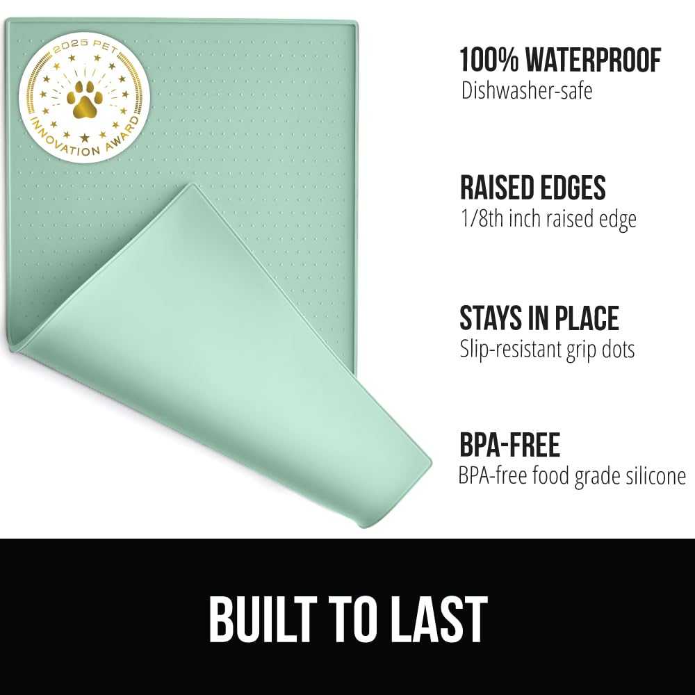 GORILLA GRIP 100% Waterproof Raised Edge BPA Free Silicone Pet Feeding Mat, Dog Cat Food Mats Contain Spills Protects Floors, Placemats for Cats and Dogs Water Bowl, Pets Accessories 18.5x11.5 Gray
