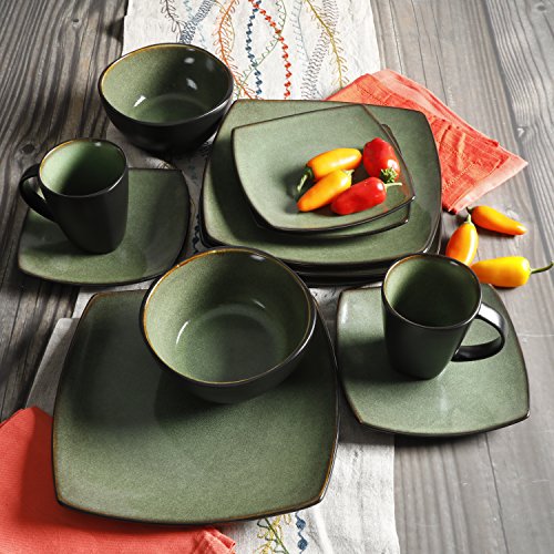 Gibson Elite Soho Lounge Square 16-Piece Dinnerware Set, Service for 4, Reactive Glaze Stoneware Plates and Bowls, Modern Dishes, Microwave & Dishwasher Safe – Red and Black
