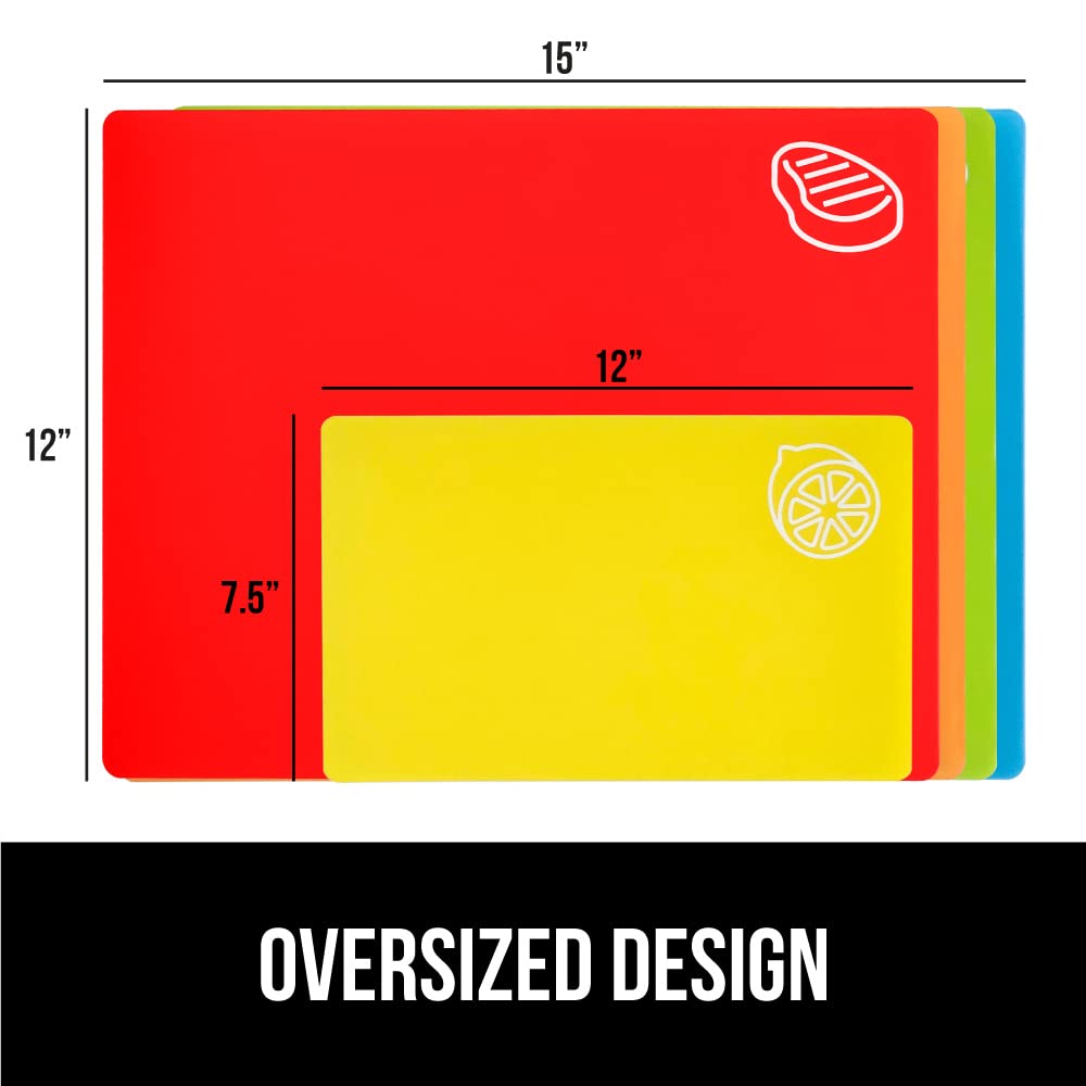 GORILLA GRIP 100% BPA-Free Flexible Cutting Board Set of 4, Durable Plastic Mats with Food Icons for Meal Prepping, Large Kitchen Chopping Mat, Use for Meat Fish Vegetables Fruit, 15x12, Multicolor