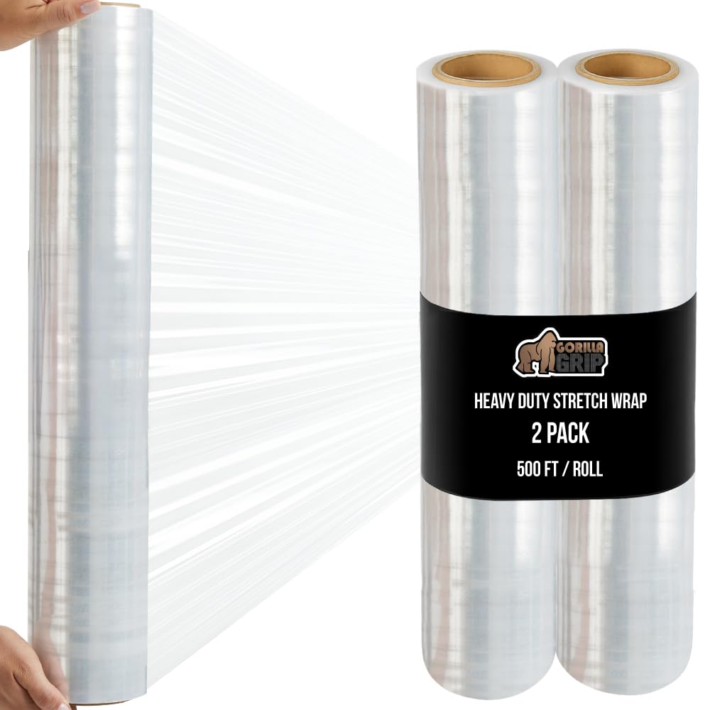 GORILLA GRIP 500% Stretch Film Heavy Duty Plastic, 1000ft Shrink Wrap Roll 17" Puncture Resistant, Industrial Strength for Shipping, Pallet Storing, Moving, Packing Furniture Protection 1 Pack Clear