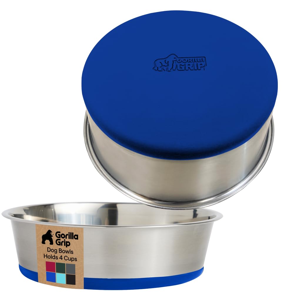 GORILLA GRIP Dog Bowls, Heavy Duty 304 Stainless Steel, Holds 2 Cups Each (16 fl oz) Food and Water Bowl for Feeding Dogs and Cats, Dishwasher Safe, Rust Resistant, BPA Free Rubber Base Set of 2 Black
