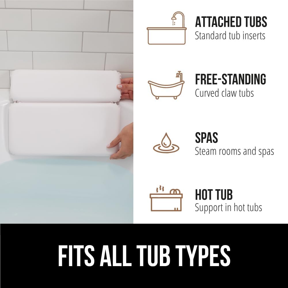 GORILLA GRIP Bath Pillow for Tub, Strong Suction Cups, Luxury Bathtub Pillows, Headrest Neck and Back Support, Relaxing Hot Tub and Home Spa Accessories, Bathroom Essentials, Gifts for Women, White