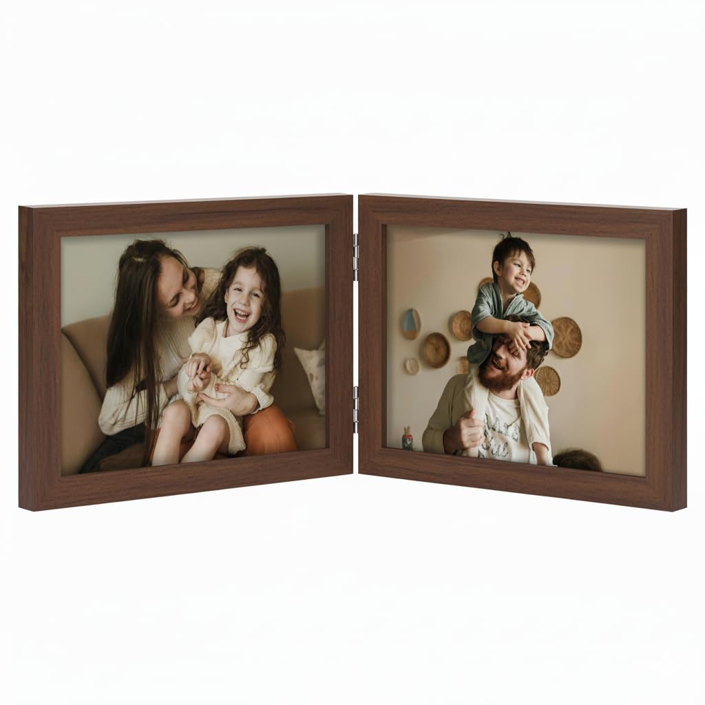 decorUhome Double 4x6 Picture Frame Vertical, Engineered Wood Bifold Photo Frame with Plexiglass for Tabletop Display, 4x6, Black