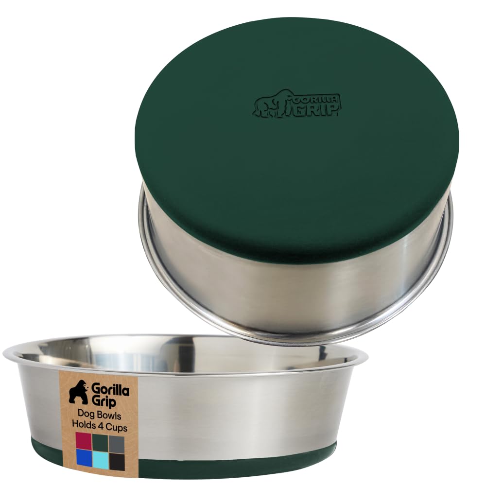 GORILLA GRIP Dog Bowls, Heavy Duty 304 Stainless Steel, Holds 2 Cups Each (16 fl oz) Food and Water Bowl for Feeding Dogs and Cats, Dishwasher Safe, Rust Resistant, BPA Free Rubber Base Set of 2 Black