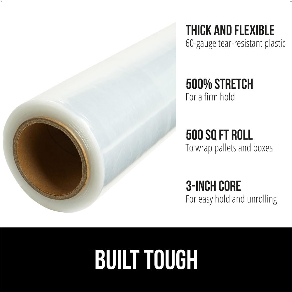 GORILLA GRIP 500% Stretch Film Heavy Duty Plastic, 1000ft Shrink Wrap Roll 17" Puncture Resistant, Industrial Strength for Shipping, Pallet Storing, Moving, Packing Furniture Protection 1 Pack Clear