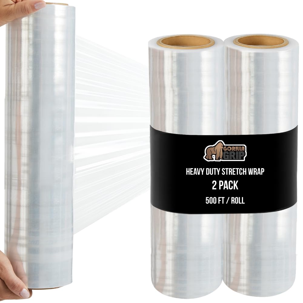 GORILLA GRIP 500% Stretch Film Heavy Duty Plastic, 1000ft Shrink Wrap Roll 17" Puncture Resistant, Industrial Strength for Shipping, Pallet Storing, Moving, Packing Furniture Protection 1 Pack Clear