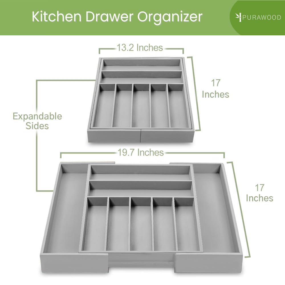 Purawood Bamboo Drawer Organizer - Expandable Silverware Organizer & Utensil Drawer Organizer, Cutlery Tray with Dividers, 7-9 Slots- Kitchen Organizer for Utensils & Flatware (Natural)