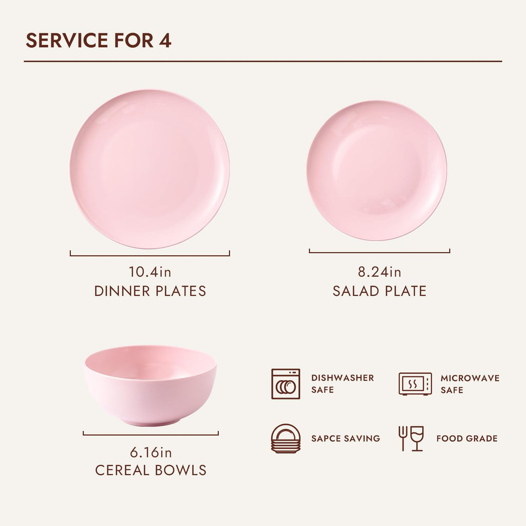 KINGSTONE 12-Piece Bone China Dinnerware Set for 4, Lightweight and Durable, Microwave and Dishwasher Safe, White Plates and Bowls for Everyday Use