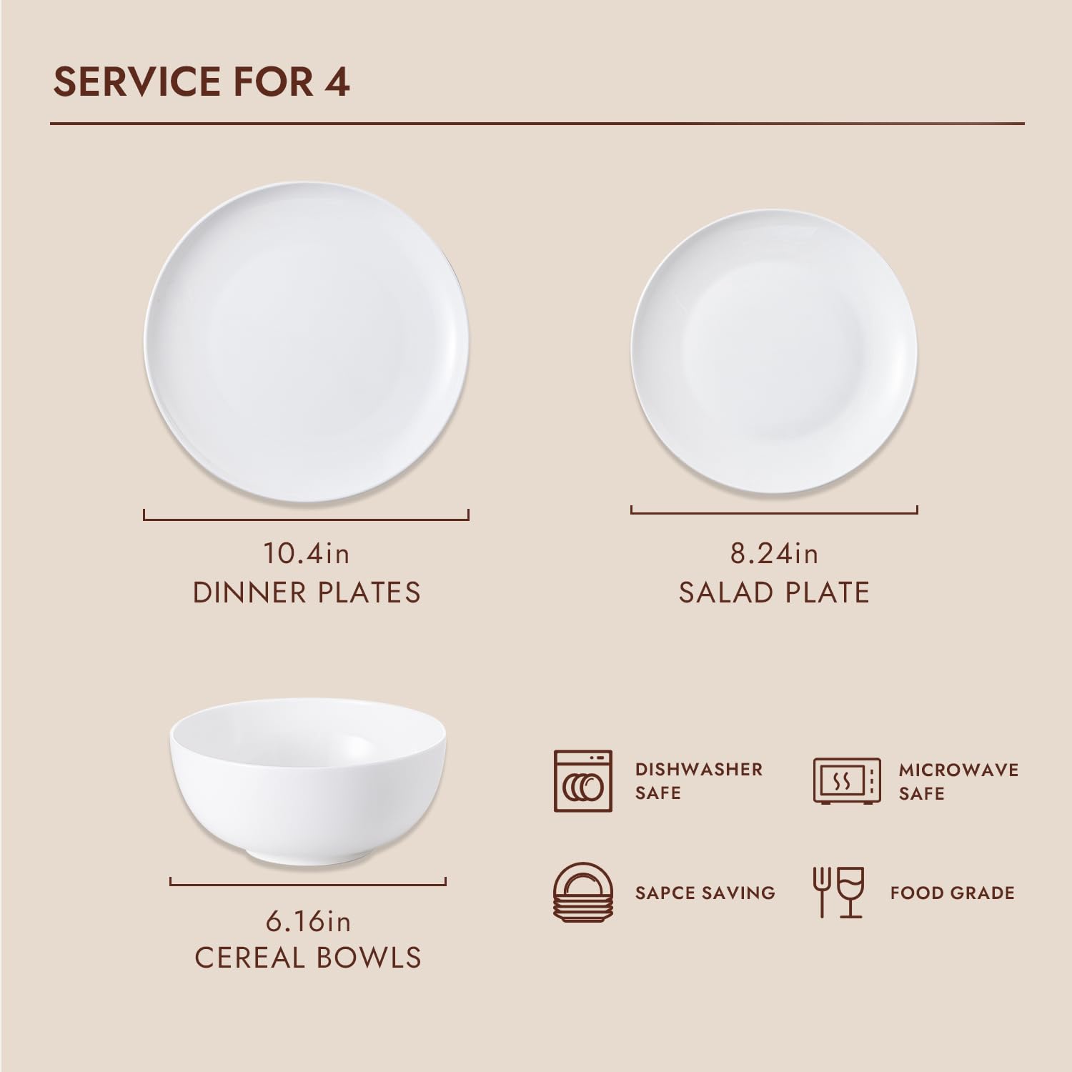 KINGSTONE 12-Piece Bone China Dinnerware Set for 4, Lightweight and Durable, Microwave and Dishwasher Safe, White Plates and Bowls for Everyday Use