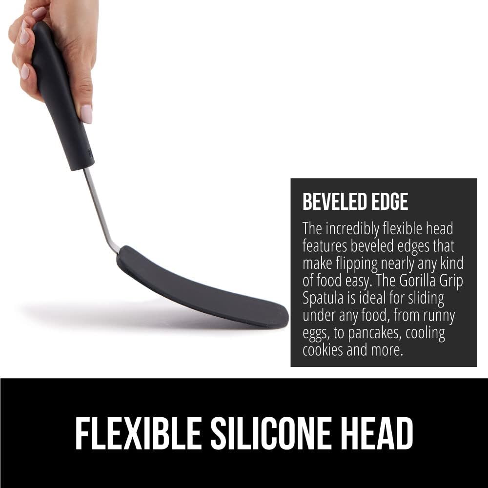 GORILLA GRIP Food Grade Flexible Silicone Spatula, Heat Resistant Head for Nonstick Frying Pan, Patented Soft Rubber Handle for Comfort, Non-Scratch Kitchen Turner, Flip Eggs Burgers, 11.6 in, Black