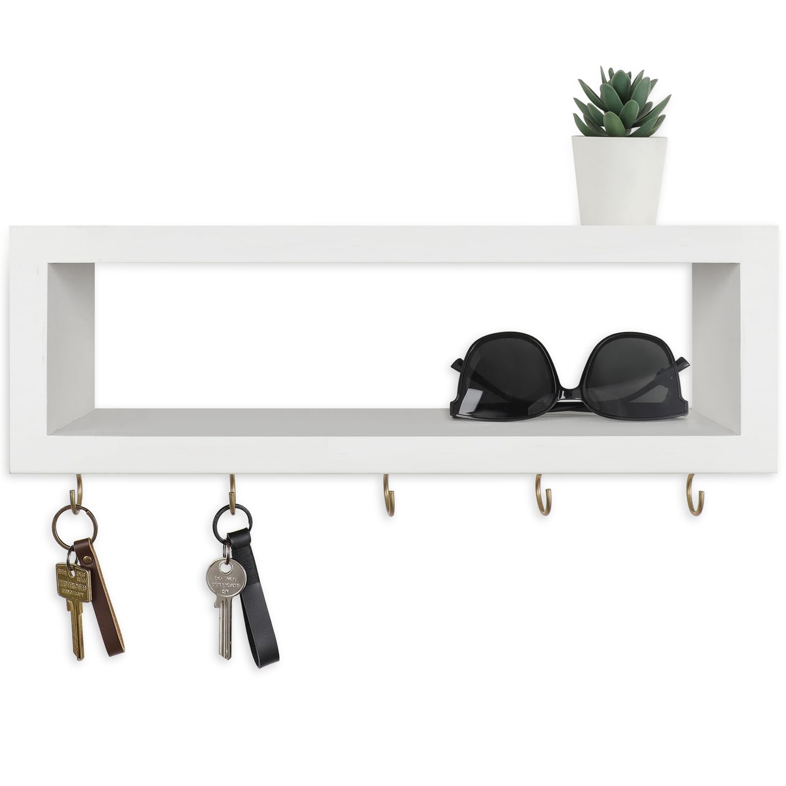 Wall Shelf with Hooks - Decorative Key and Wallet Holder for Wall Holds Sunglasses, Leashes, Scarves and Lanyards - 15.7" x 5.1" x 2.9" Entryway Organizer Made of Paulownia Wood (White)