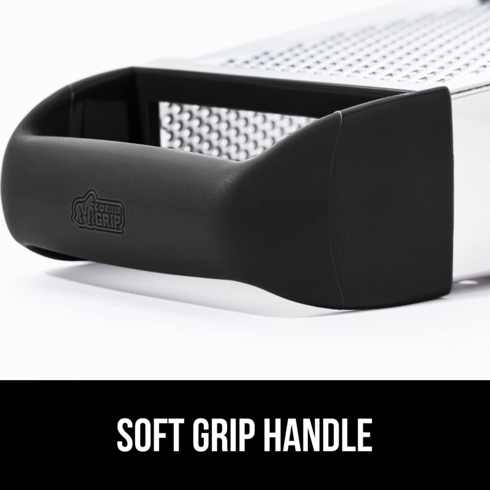 GORILLA GRIP 4-Sided Stainless Steel Cheese Grater With Container, 100% BPA-Free Box Grater, Slip Resistant Base and Handle, Grate Parmesan, Hard Cheeses, Shred Vegetables, Dishwasher Safe, Black