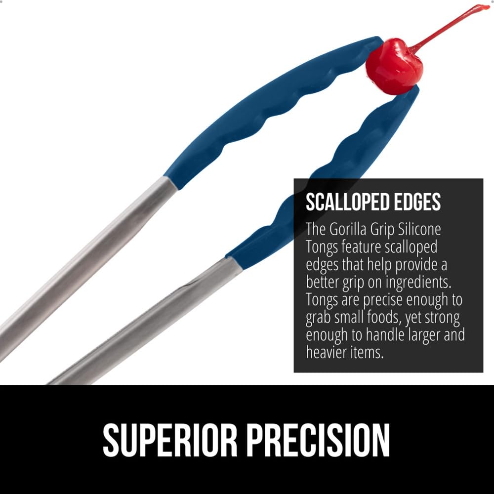 GORILLA GRIP Stainless Steel Heat Resistant Kitchen Tongs for Cooking, Set of 2 BBQ Tong, Non Scratch Silicone Tip for Pans, Strong Grip, Grab Food, Toss Salad, Air Fryer, Pull Lock, 7 + 9 Inch, Black