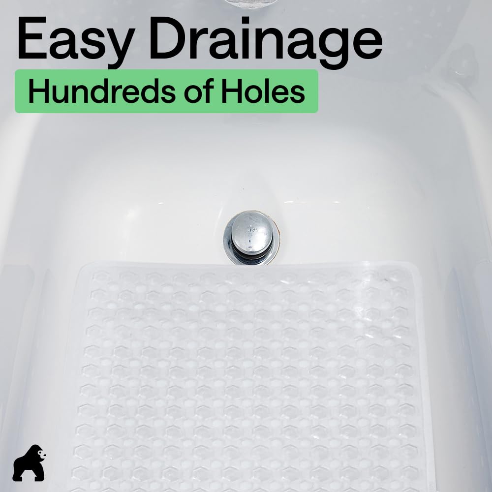 GORILLA GRIP Patented Bath Tub Shower Mat, Machine Washable Bathtub Floor Liner Mats, Suction Cups and Drain Holes to Keep Tubs Clean, Soft on Feet, Bathroom Essentials, 35x16 Inch, Clear