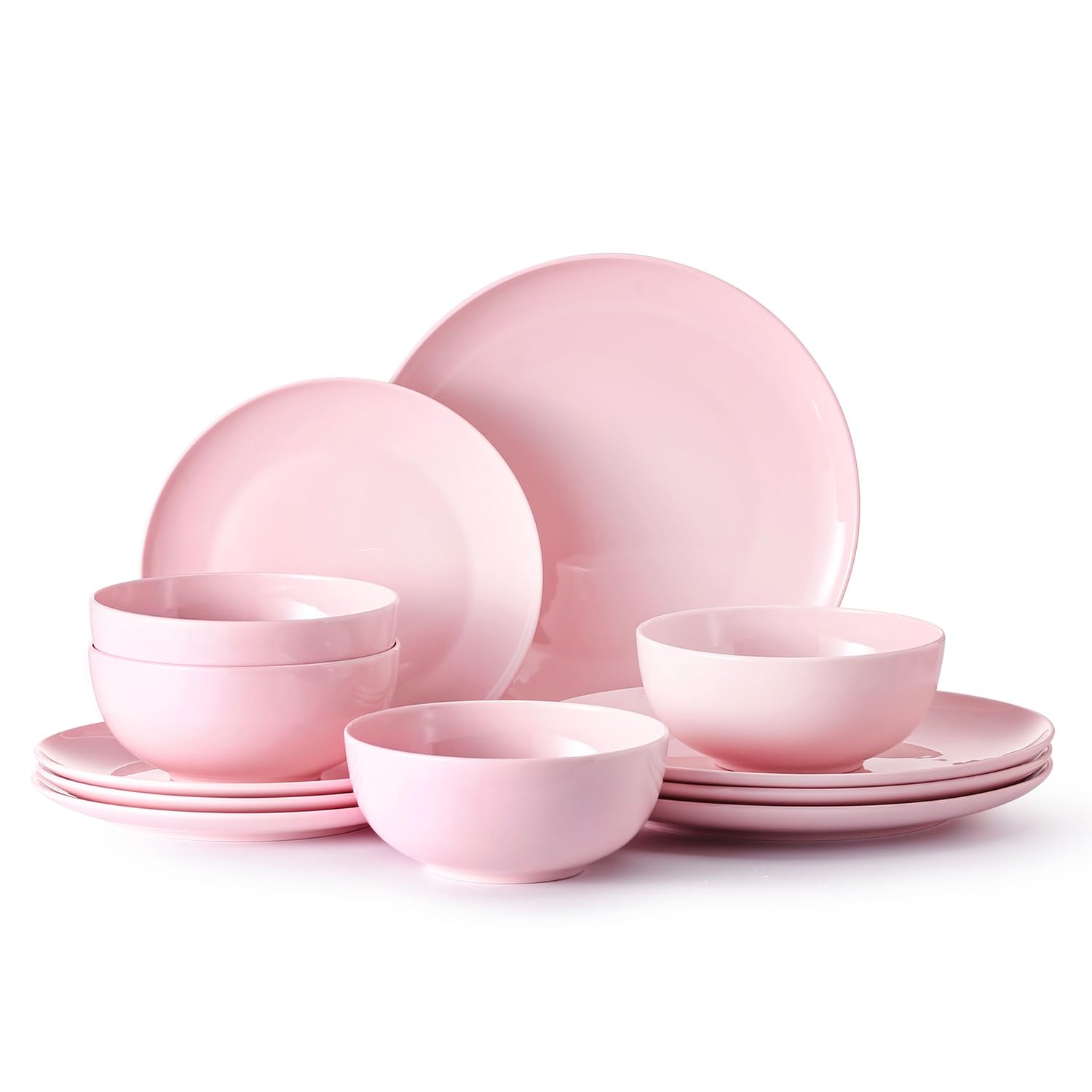 KINGSTONE 12-Piece Bone China Dinnerware Set for 4, Lightweight and Durable, Microwave and Dishwasher Safe, White Plates and Bowls for Everyday Use