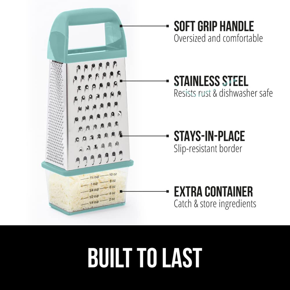 GORILLA GRIP 4-Sided Stainless Steel Cheese Grater With Container, 100% BPA-Free Box Grater, Slip Resistant Base and Handle, Grate Parmesan, Hard Cheeses, Shred Vegetables, Dishwasher Safe, Black