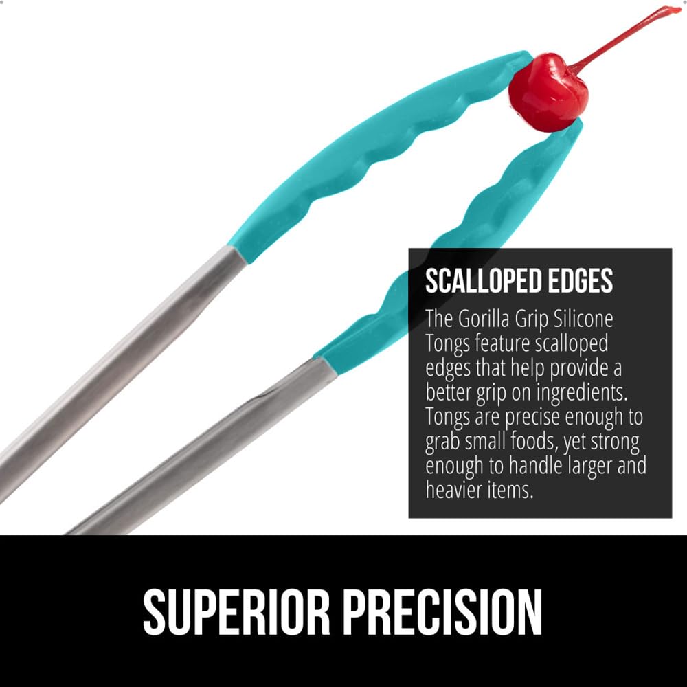 GORILLA GRIP Stainless Steel Heat Resistant Kitchen Tongs for Cooking, Set of 2 BBQ Tong, Non Scratch Silicone Tip for Pans, Strong Grip, Grab Food, Toss Salad, Air Fryer, Pull Lock, 7 + 9 Inch, Black