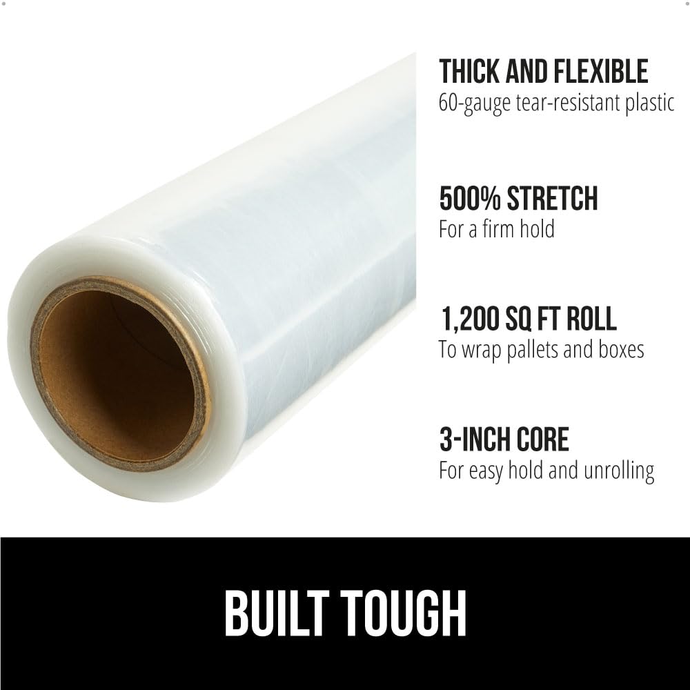 GORILLA GRIP 500% Stretch Film Heavy Duty Plastic, 1000ft Shrink Wrap Roll 17" Puncture Resistant, Industrial Strength for Shipping, Pallet Storing, Moving, Packing Furniture Protection 1 Pack Clear