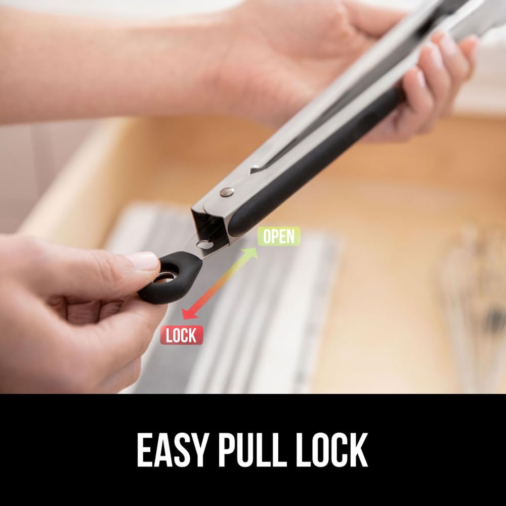 GORILLA GRIP Stainless Steel Heat Resistant Kitchen Tongs for Cooking, Set of 2 BBQ Tong, Non Scratch Silicone Tip for Pans, Strong Grip, Grab Food, Toss Salad, Air Fryer, Pull Lock, 7 + 9 Inch, Black