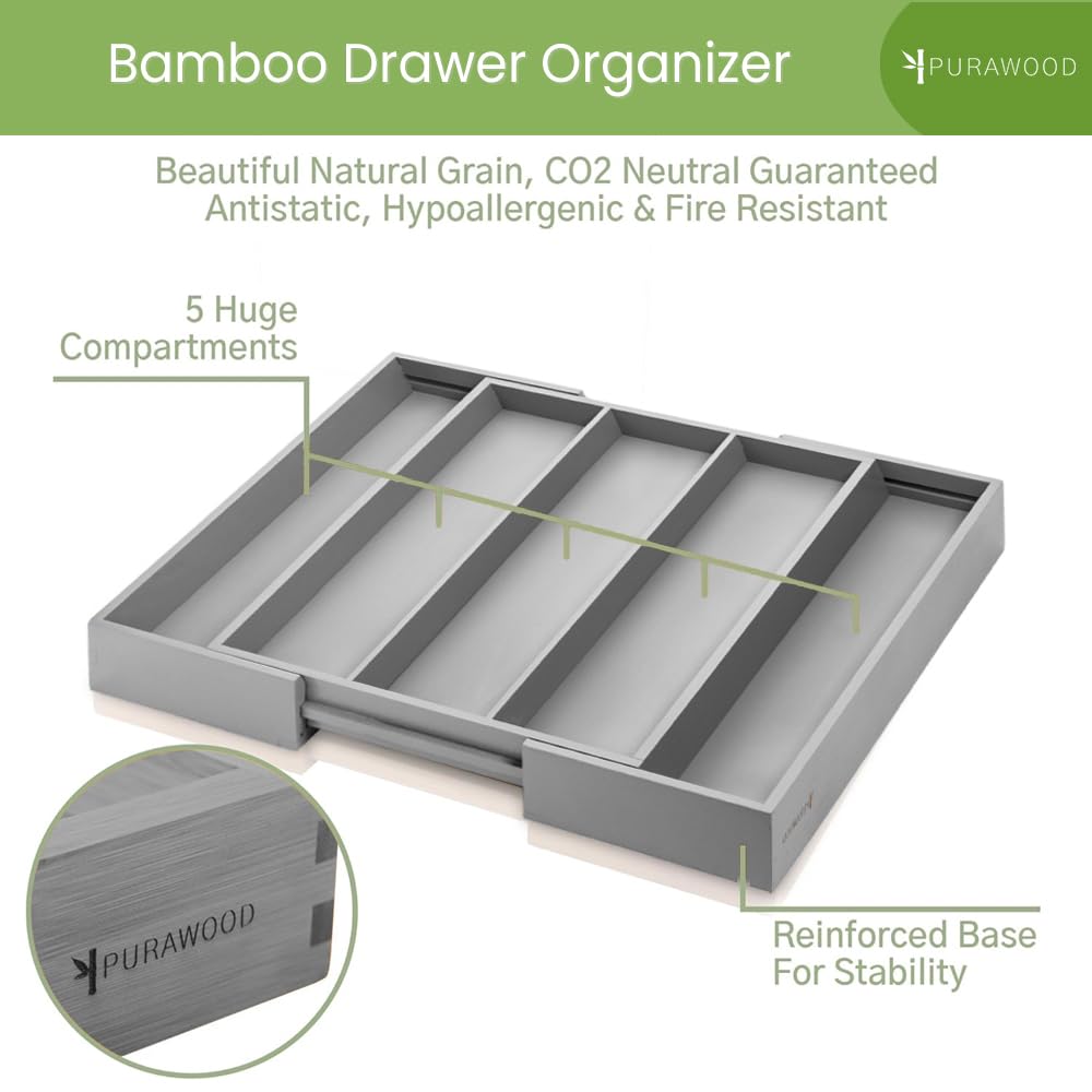 Purawood Bamboo Drawer Organizer - Expandable Silverware Organizer & Utensil Drawer Organizer, Cutlery Tray with Dividers, 7-9 Slots- Kitchen Organizer for Utensils & Flatware (Natural)