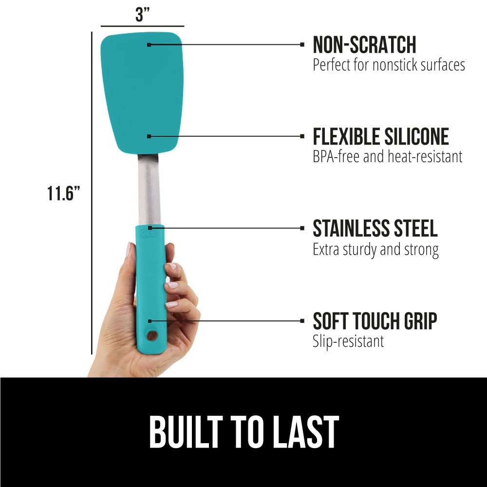 GORILLA GRIP Food Grade Flexible Silicone Spatula, Heat Resistant Head for Nonstick Frying Pan, Patented Soft Rubber Handle for Comfort, Non-Scratch Kitchen Turner, Flip Eggs Burgers, 11.6 in, Black