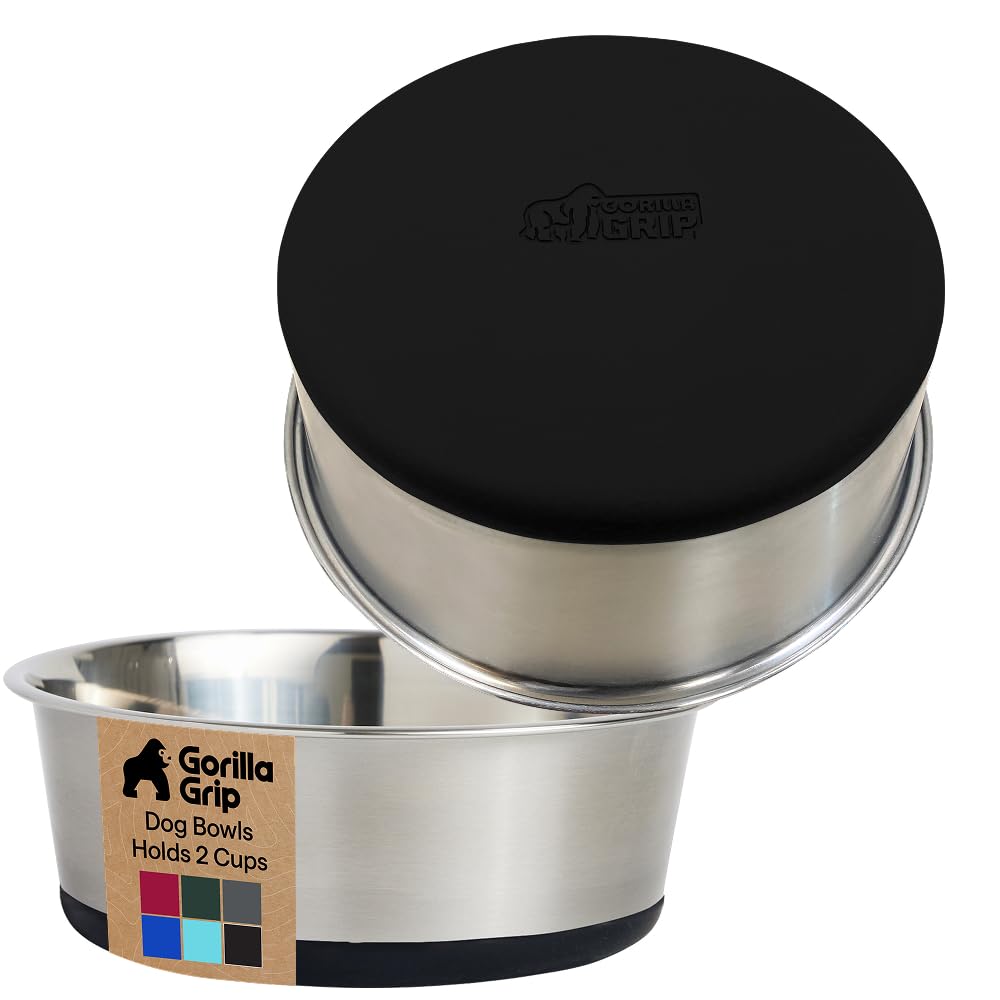 GORILLA GRIP Dog Bowls, Heavy Duty 304 Stainless Steel, Holds 2 Cups Each (16 fl oz) Food and Water Bowl for Feeding Dogs and Cats, Dishwasher Safe, Rust Resistant, BPA Free Rubber Base Set of 2 Black