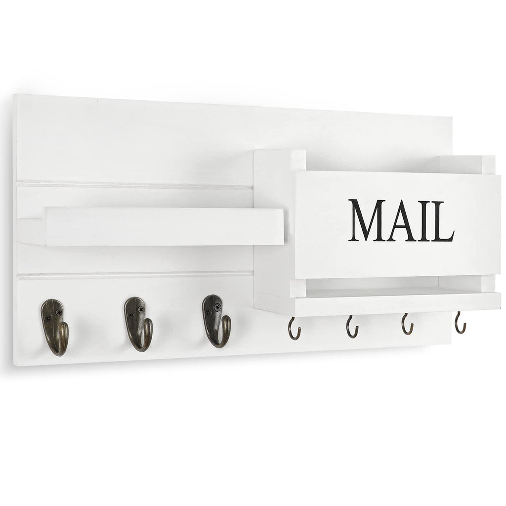 Mail Organizer for Wall Mount – Key Holder with Shelf Includes Letter Holder and Hooks for Hallway Farmhouse Decor – Rustic Wood with Flush Mounting Hardware (16.5” x 9.1” x 3.4”) (White)