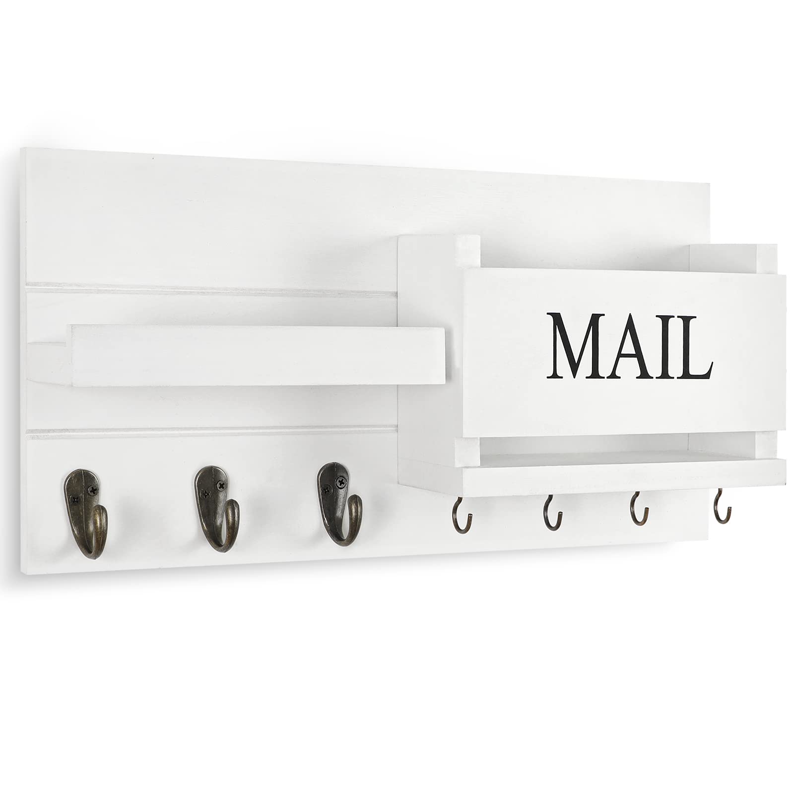 Mail Organizer for Wall Mount – Key Holder with Shelf Includes Letter Holder and Hooks for Hallway Farmhouse Decor – Rustic Wood with Flush Mounting Hardware (16.5” x 9.1” x 3.4”) (White)