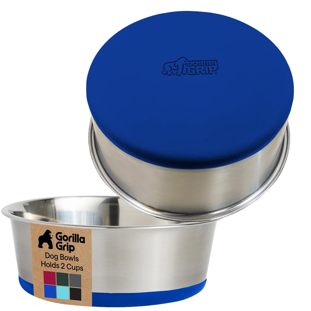 GORILLA GRIP Dog Bowls, Heavy Duty 304 Stainless Steel, Holds 2 Cups Each (16 fl oz) Food and Water Bowl for Feeding Dogs and Cats, Dishwasher Safe, Rust Resistant, BPA Free Rubber Base Set of 2 Black
