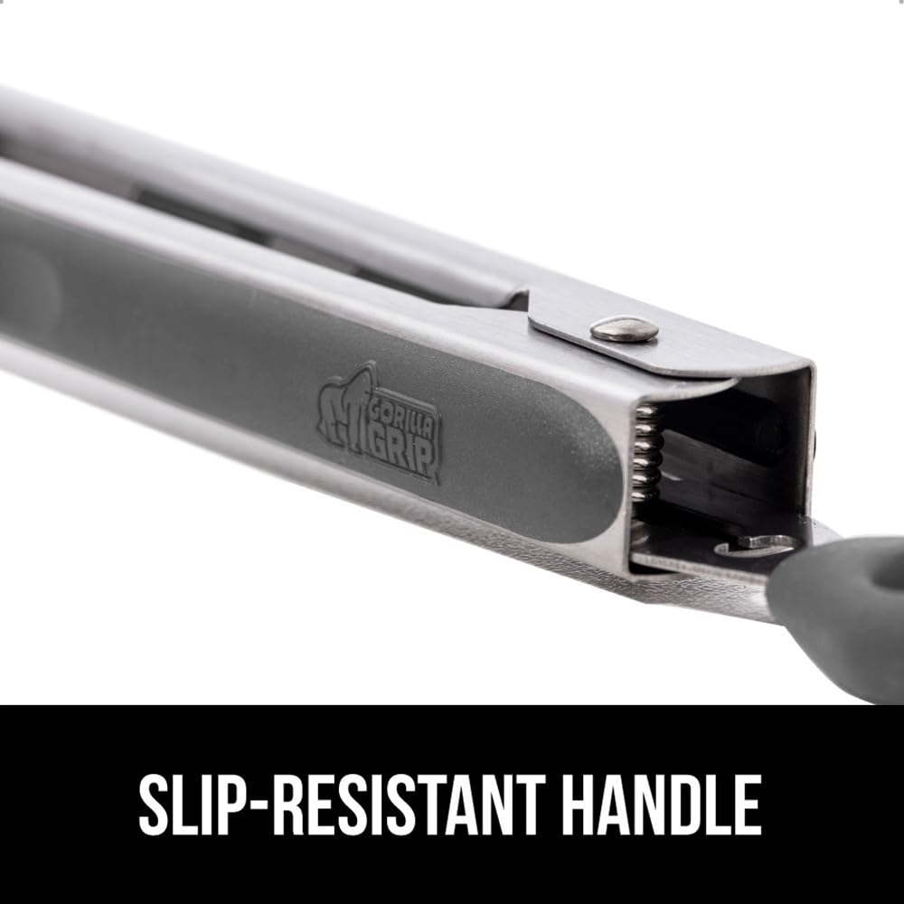 GORILLA GRIP Stainless Steel Heat Resistant Kitchen Tongs for Cooking, Set of 2 BBQ Tong, Non Scratch Silicone Tip for Pans, Strong Grip, Grab Food, Toss Salad, Air Fryer, Pull Lock, 7 + 9 Inch, Black