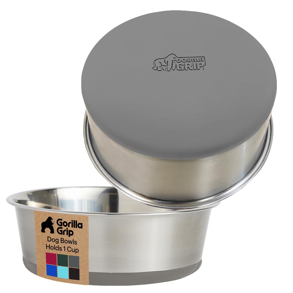 GORILLA GRIP Dog Bowls, Heavy Duty 304 Stainless Steel, Holds 2 Cups Each (16 fl oz) Food and Water Bowl for Feeding Dogs and Cats, Dishwasher Safe, Rust Resistant, BPA Free Rubber Base Set of 2 Black
