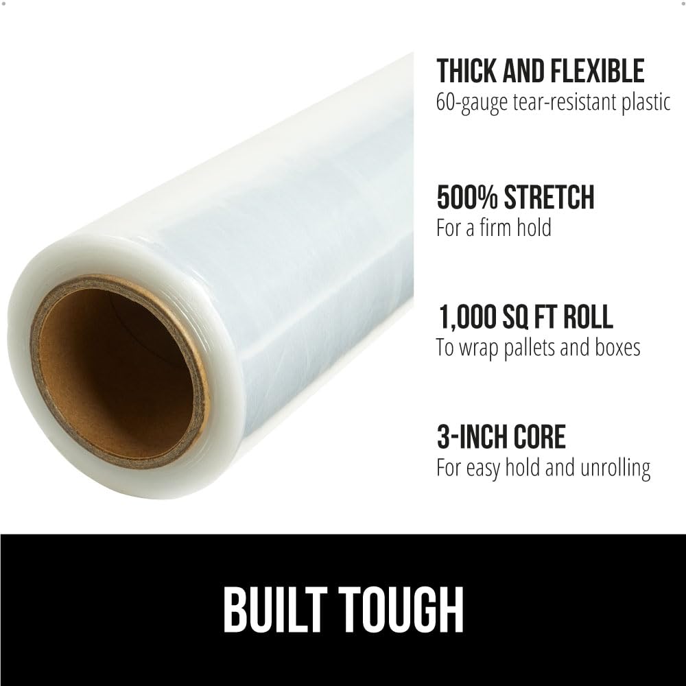 GORILLA GRIP 500% Stretch Film Heavy Duty Plastic, 1000ft Shrink Wrap Roll 17" Puncture Resistant, Industrial Strength for Shipping, Pallet Storing, Moving, Packing Furniture Protection 1 Pack Clear