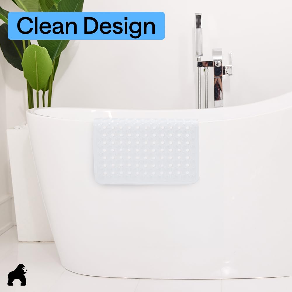 GORILLA GRIP Patented Bath Tub Shower Mat, Machine Washable Bathtub Floor Liner Mats, Suction Cups and Drain Holes to Keep Tubs Clean, Soft on Feet, Bathroom Essentials, 35x16 Inch, Clear