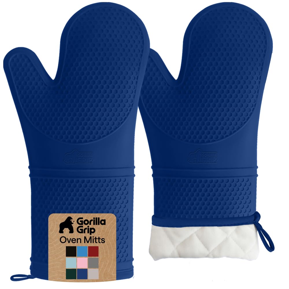 GORILLA GRIP BPA-Free Soft Silicone Oven Mitts, Heat Resistant and Waterproof Cooking Safety Gloves, Thick Cotton Lining, Flexible Gripping, Kitchen Potholders Set, for Grilling, BBQ, 12.5x8.3, Black