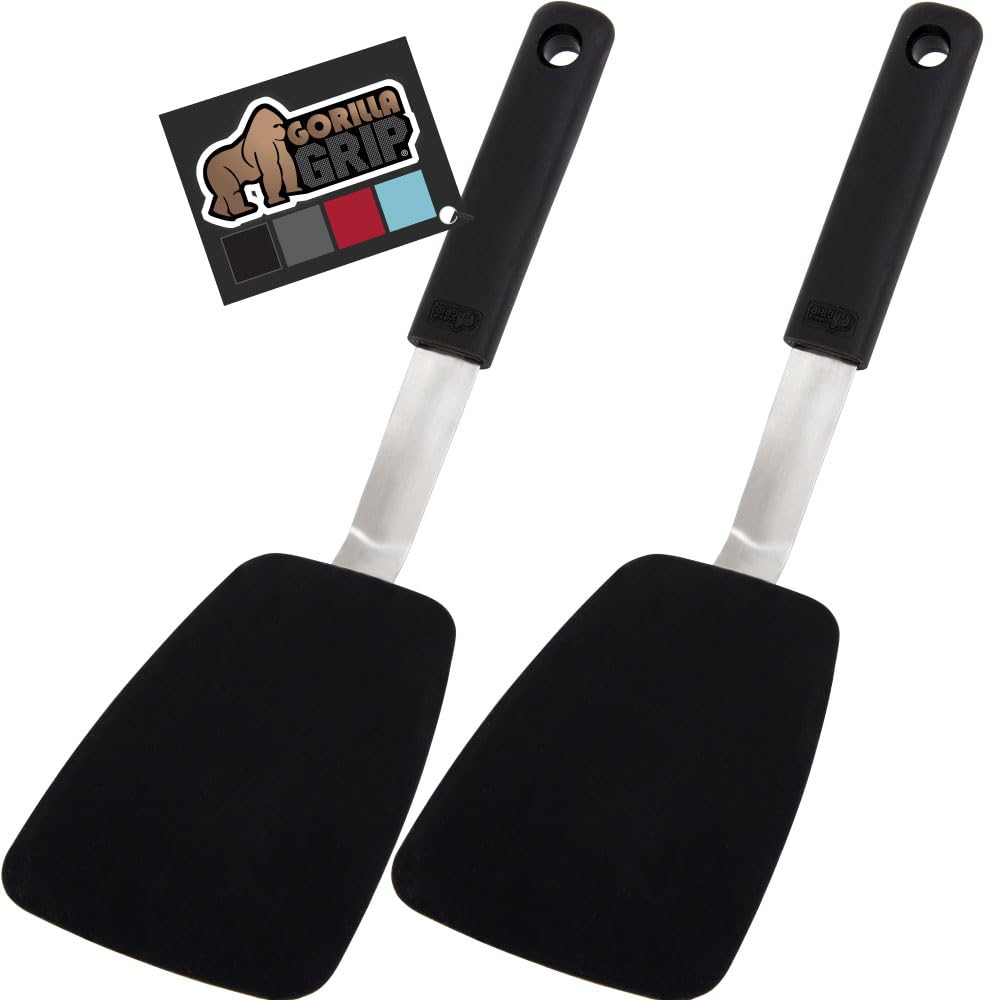 GORILLA GRIP Food Grade Flexible Silicone Spatula, Heat Resistant Head for Nonstick Frying Pan, Patented Soft Rubber Handle for Comfort, Non-Scratch Kitchen Turner, Flip Eggs Burgers, 11.6 in, Black