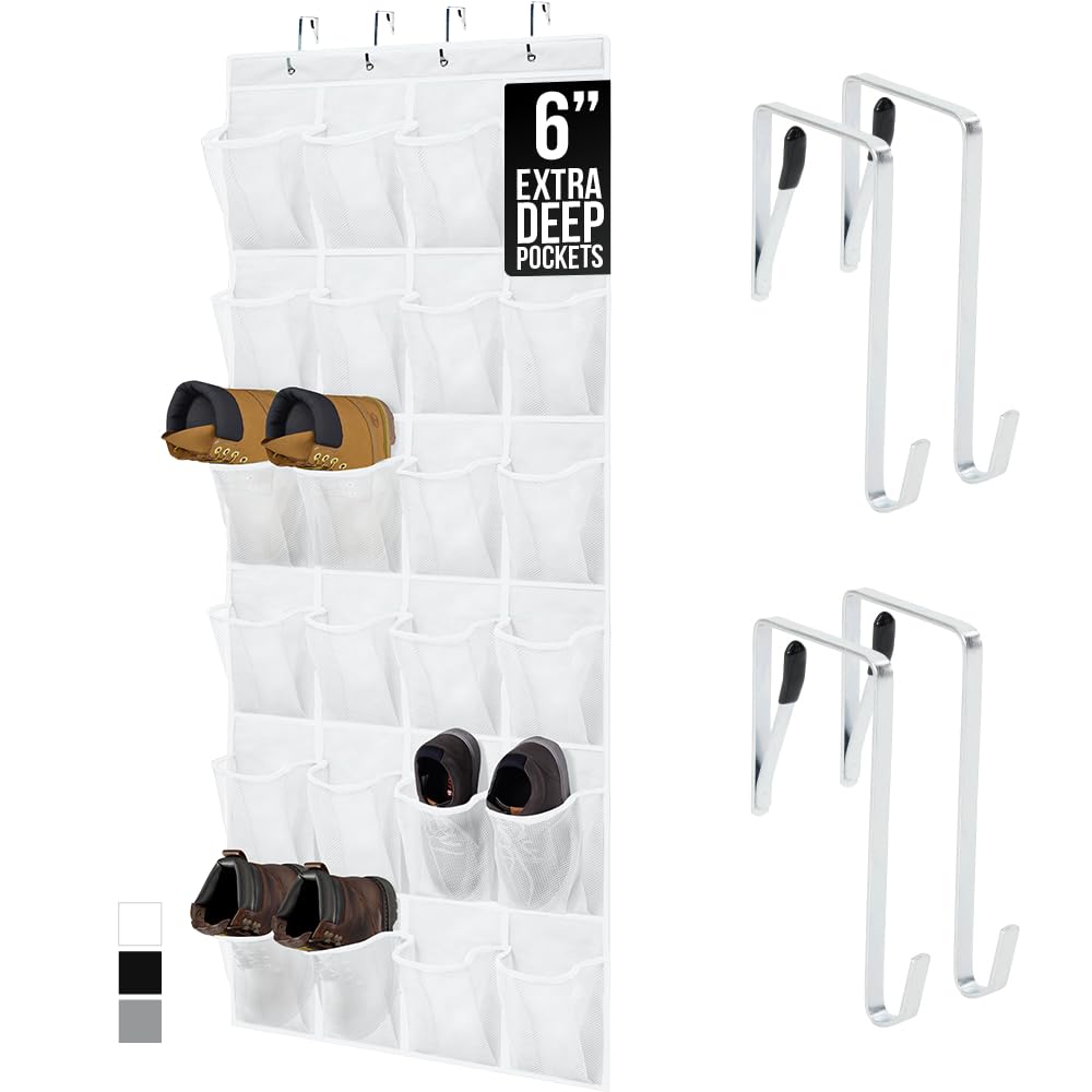 GORILLA GRIP Over the Door Shoe Organizer, 24 Large Breathable Mesh Pockets, Space Saving Hanging Storage Holder, Closet Rack Hanger Holds Up to 40 lbs, Hangs on Closets for Shoes, Accessories, Black