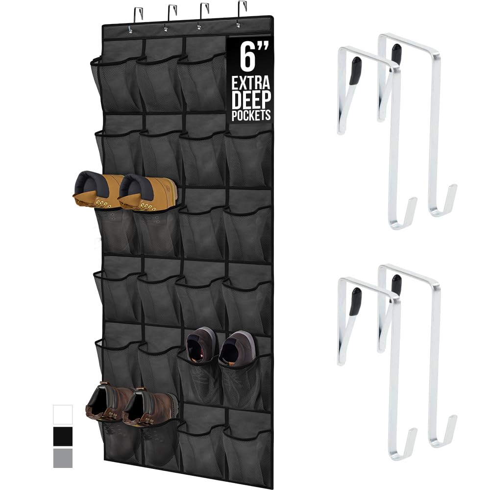 GORILLA GRIP Over the Door Shoe Organizer, 24 Large Breathable Mesh Pockets, Space Saving Hanging Storage Holder, Closet Rack Hanger Holds Up to 40 lbs, Hangs on Closets for Shoes, Accessories, Black