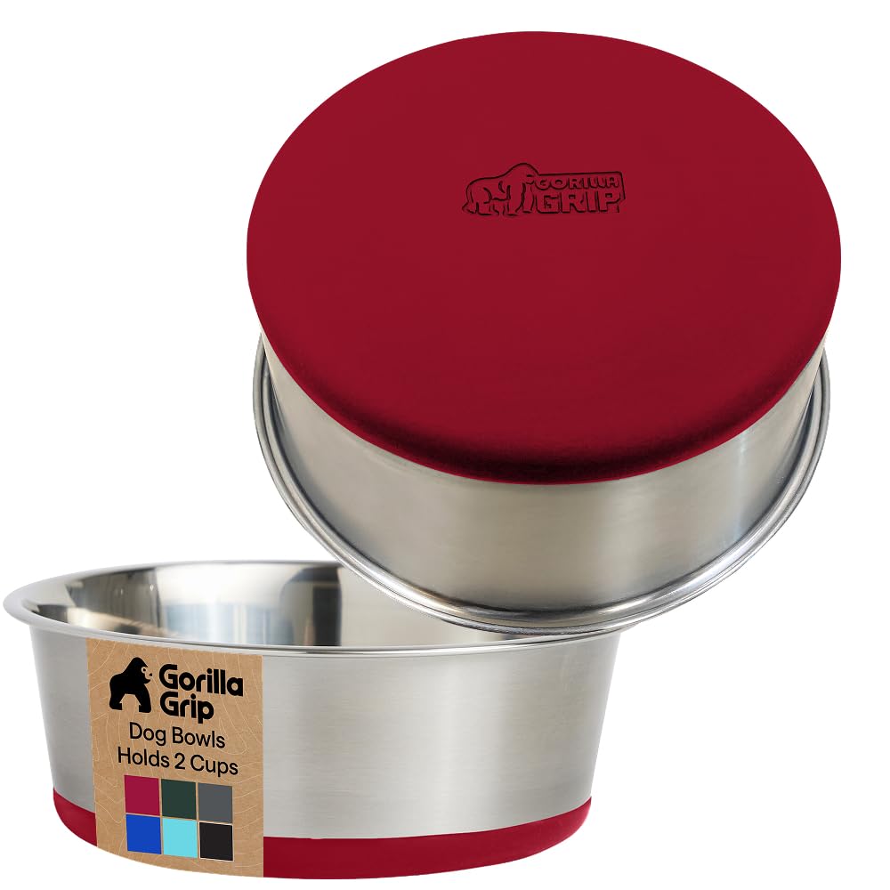 GORILLA GRIP Dog Bowls, Heavy Duty 304 Stainless Steel, Holds 2 Cups Each (16 fl oz) Food and Water Bowl for Feeding Dogs and Cats, Dishwasher Safe, Rust Resistant, BPA Free Rubber Base Set of 2 Black