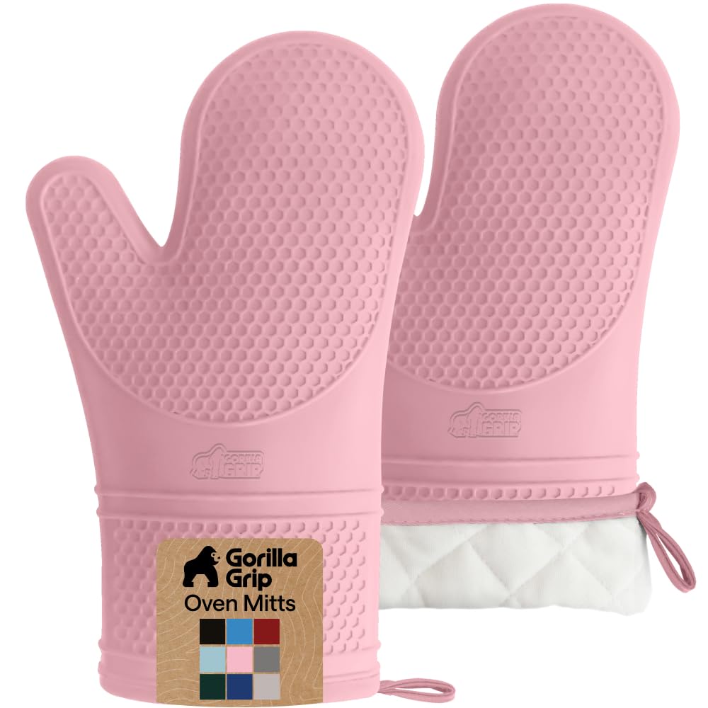GORILLA GRIP BPA-Free Soft Silicone Oven Mitts, Heat Resistant and Waterproof Cooking Safety Gloves, Thick Cotton Lining, Flexible Gripping, Kitchen Potholders Set, for Grilling, BBQ, 12.5x8.3, Black