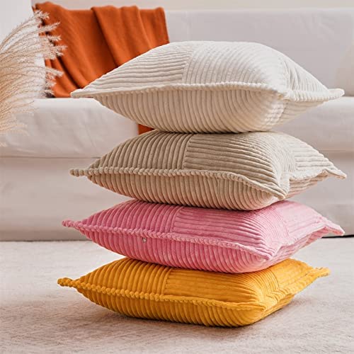 Topfinel Pink Throw Pillows Covers 18 x 18 Set of 2 for Couch Living Room,Splicing Corduroy Wide-Brimmed Decorative Cushion Covers,Rustic Farmhouse Pillowase for Girl's Bedroom Bed Sofa,Baby Pink