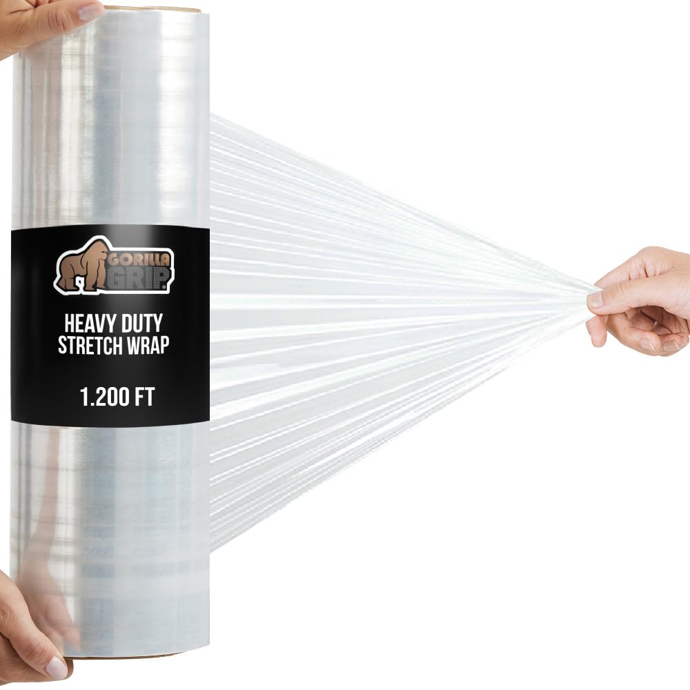 GORILLA GRIP 500% Stretch Film Heavy Duty Plastic, 1000ft Shrink Wrap Roll 17" Puncture Resistant, Industrial Strength for Shipping, Pallet Storing, Moving, Packing Furniture Protection 1 Pack Clear