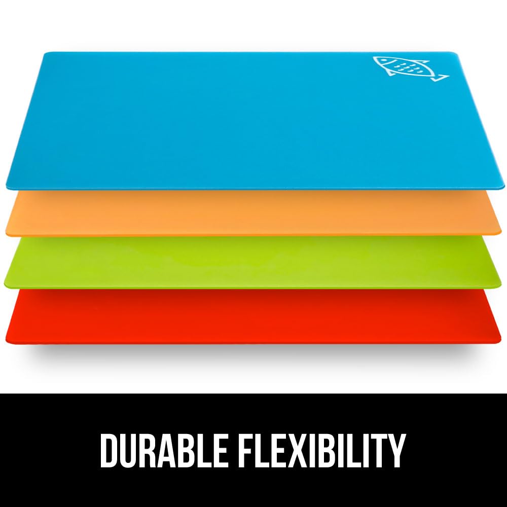 GORILLA GRIP 100% BPA-Free Flexible Cutting Board Set of 4, Durable Plastic Mats with Food Icons for Meal Prepping, Large Kitchen Chopping Mat, Use for Meat Fish Vegetables Fruit, 15x12, Multicolor