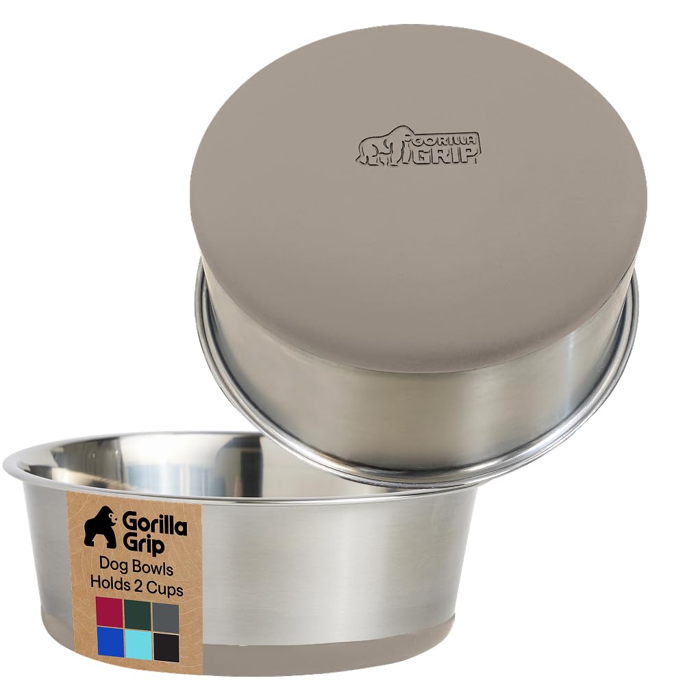 GORILLA GRIP Dog Bowls, Heavy Duty 304 Stainless Steel, Holds 2 Cups Each (16 fl oz) Food and Water Bowl for Feeding Dogs and Cats, Dishwasher Safe, Rust Resistant, BPA Free Rubber Base Set of 2 Black