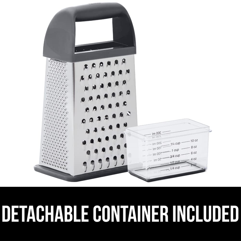 GORILLA GRIP 4-Sided Stainless Steel Cheese Grater With Container, 100% BPA-Free Box Grater, Slip Resistant Base and Handle, Grate Parmesan, Hard Cheeses, Shred Vegetables, Dishwasher Safe, Black